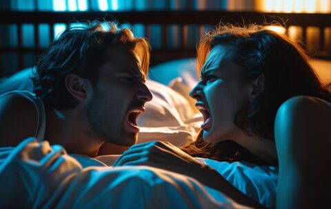 CASAL BRIGANDO DEITADO NA CAMA