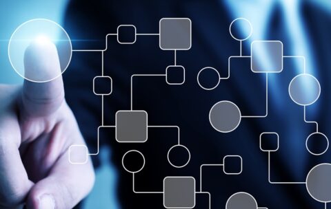 Business process and workflow automation with flowchart. Businessman pointing illustration processing management
